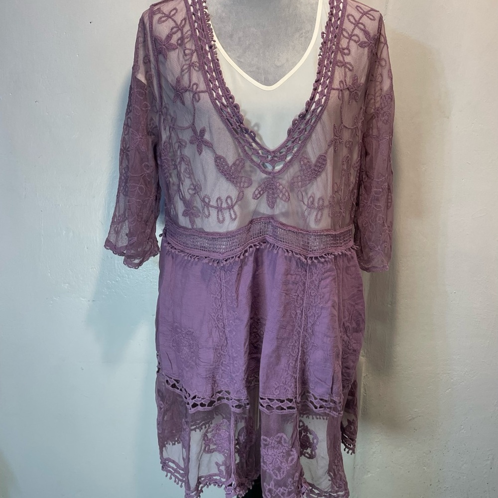 #0220 Set of 2 Lace V-Neck Tunic Dress/Swimsuit Cover Up in Purple and Teal - Picture 2 of 11